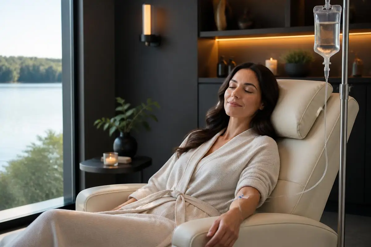Woman relaxing during IV hydration vitamin therapy at Opteluxe Wellness in Lake Norman, Mooresville NC