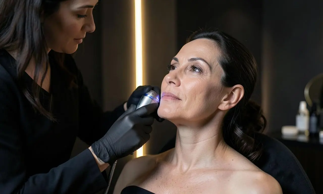 Woman receiving a radiofrequency skin tightening treatment on her jawline at Opteluxe Wellness med spa in Mooresville, NC