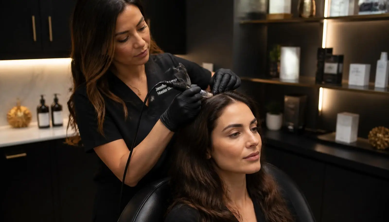 Aesthetician applying DE|RIVE growth factor scalp serum during a hair restoration treatment at Opteluxe Wellness in Mooresville, NC
