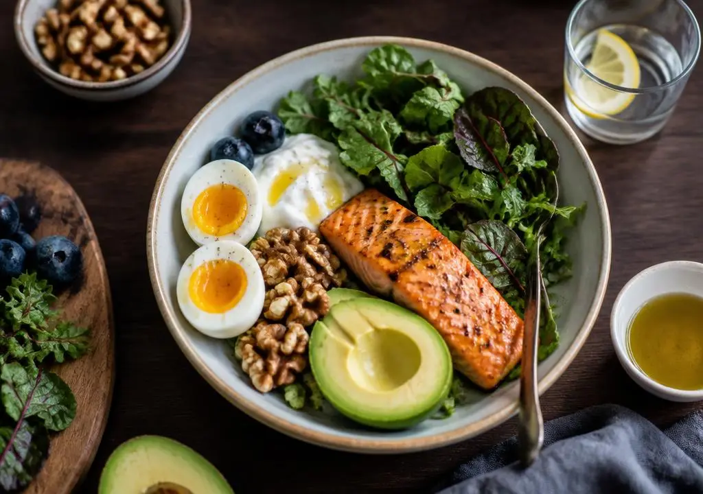 Hormone-balancing meal with grilled salmon, avocado, eggs, leafy greens, walnuts, and blueberries — nutrition guidance from Opteluxe Wellness in Mooresville, NC