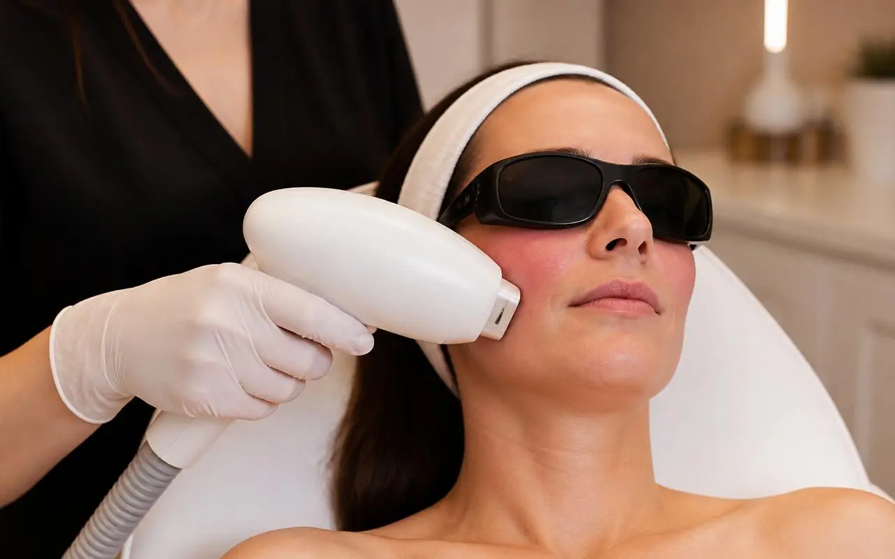 Woman receiving IPL treatment for rosacea redness at Opteluxe Wellness in Mooresville, NC