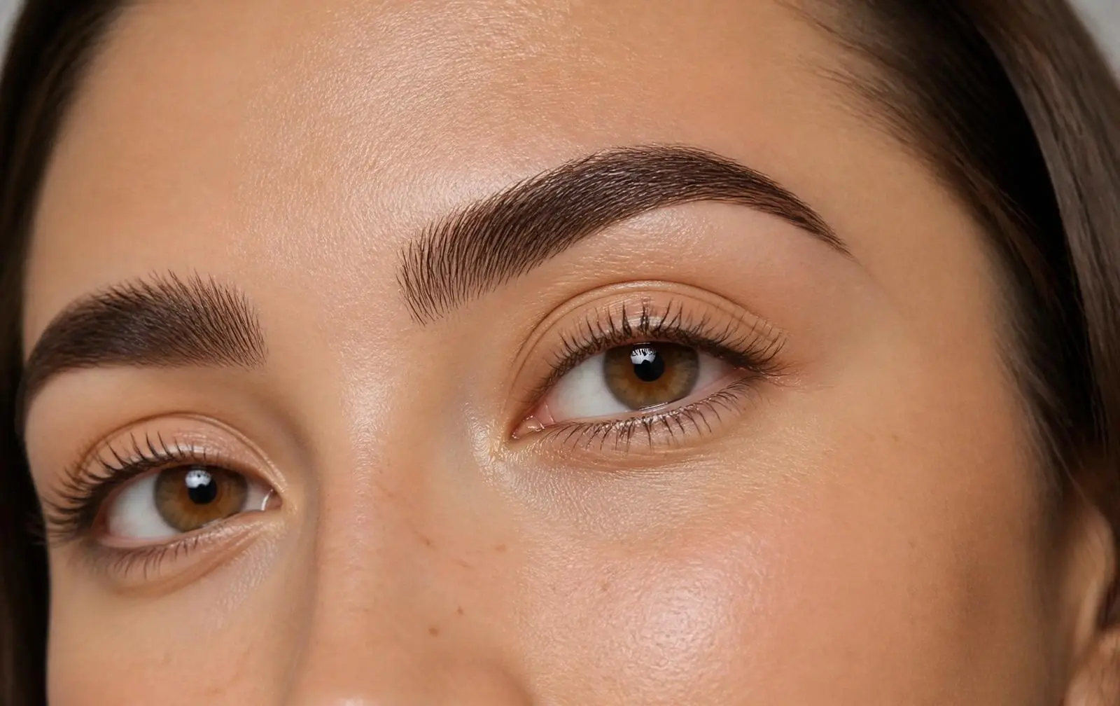 Close-up of beautifully shaped and tinted eyebrows on a woman after a professional brow service at Opteluxe Wellness in Mooresville, NC
