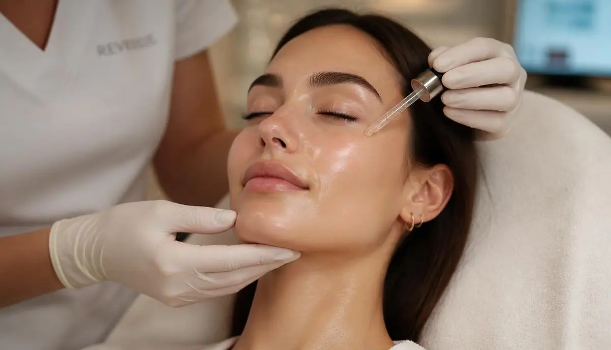 Aesthetician applying an exosome serum to a woman's glowing skin during a regenerative treatment at Opteluxe Wellness in Mooresville, NC